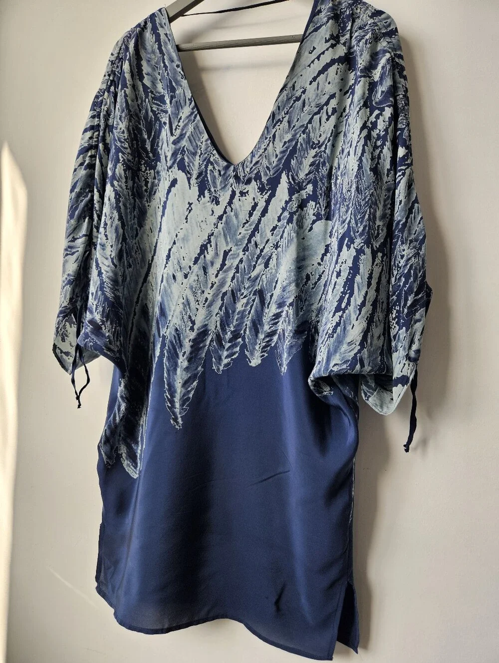 Ramona Larue Silk Blue Colorway Scrunch Shoulder V-Neck Caftan Dress